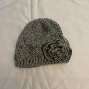Gray Knit Beanie with Flower Accent